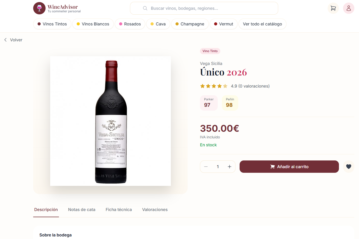 Wine Advisor Botella Características y cesta