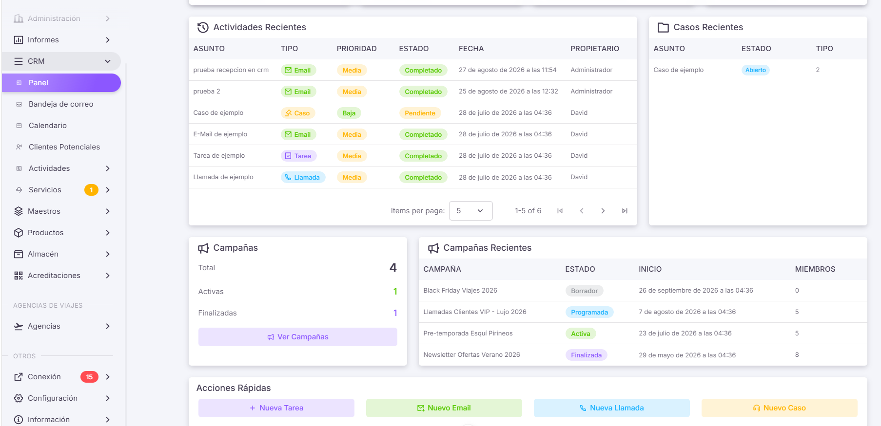 Captura ERP - CRM Panel CRM con métricas de actividades, casos abiertos, resueltos y tasa de éxito, junto a gráficos de actividad semanal y distribución por prioridad